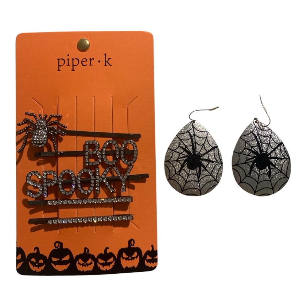 Piper K Spooky Rhinestone Hairpin Set Silver Toned Earrings Halloween Summerween